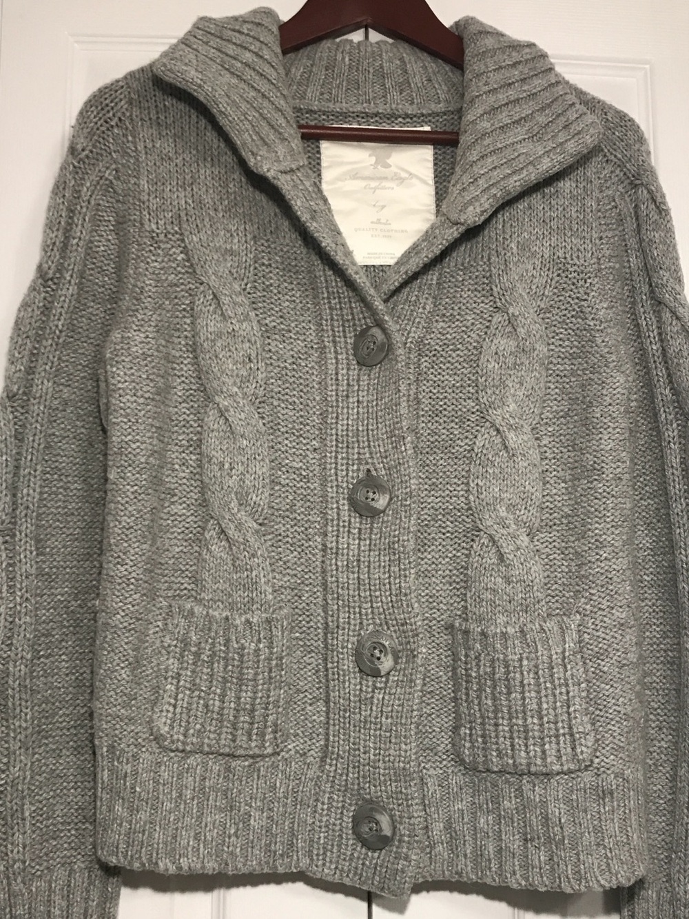 American Eagle Outfitters Gray Cable-Knit Button Cardigan